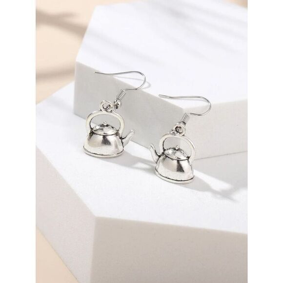 Tea Pot Silver Dangle Earrings New - Picture 2 of 3